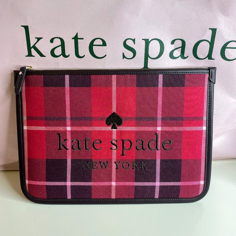 Kate Spade Ella Classic Plaid Burnt Rose Large Zip Pouch Clutch